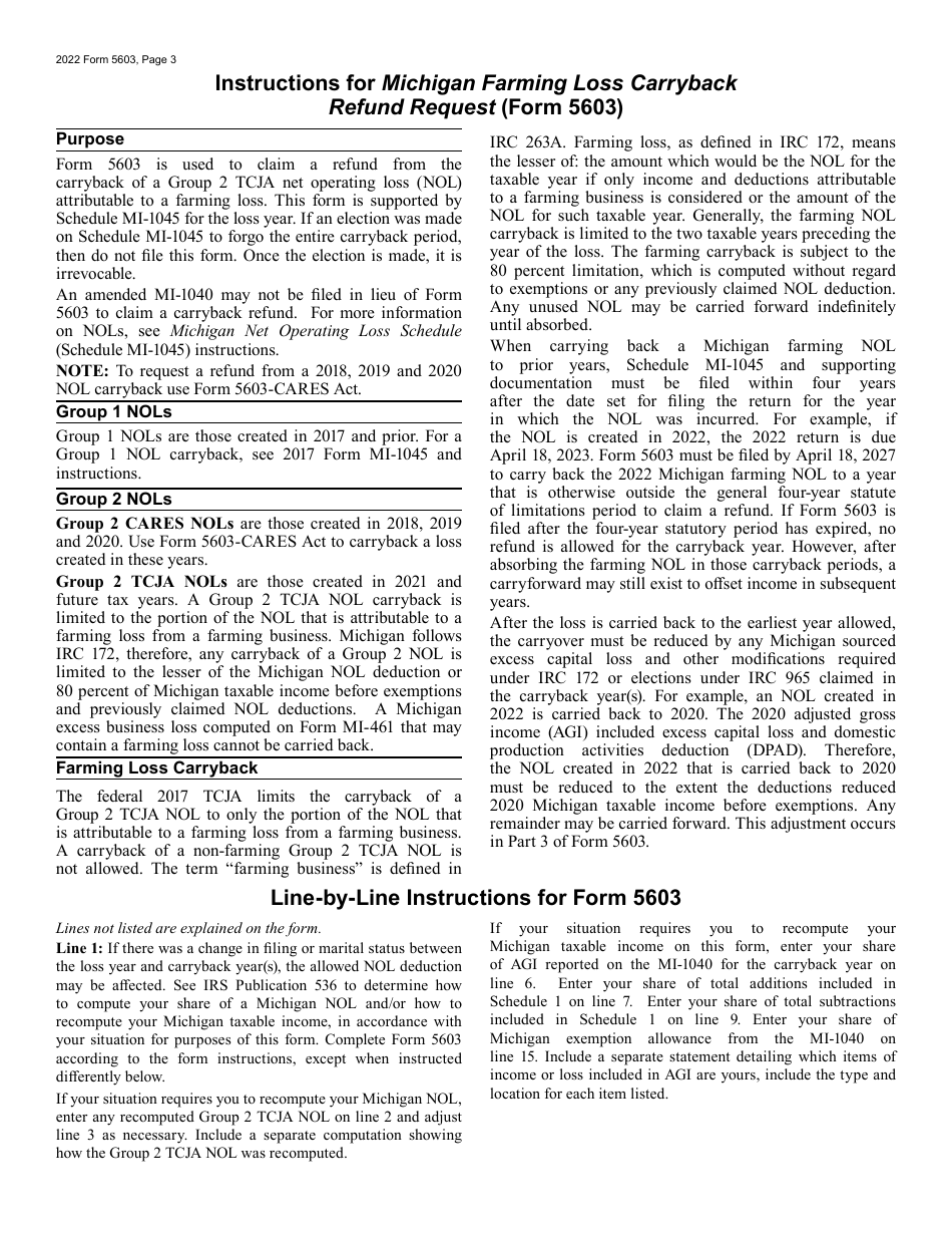 Form 5603 Michigan Farming Loss Carryback Refund Request - Michigan, Page 3