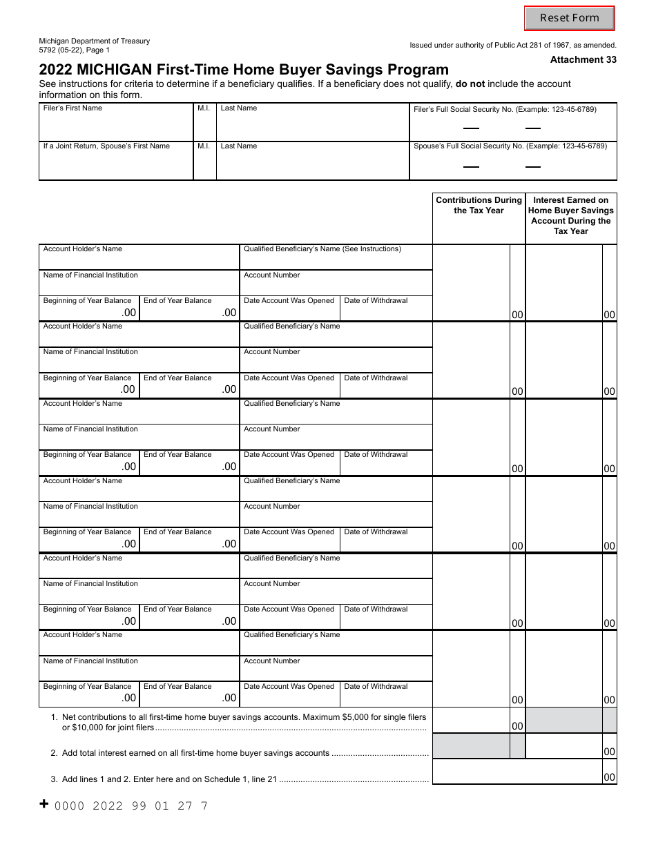 Form 5792 Michigan First-Time Home Buyer Savings Program - Michigan, Page 1