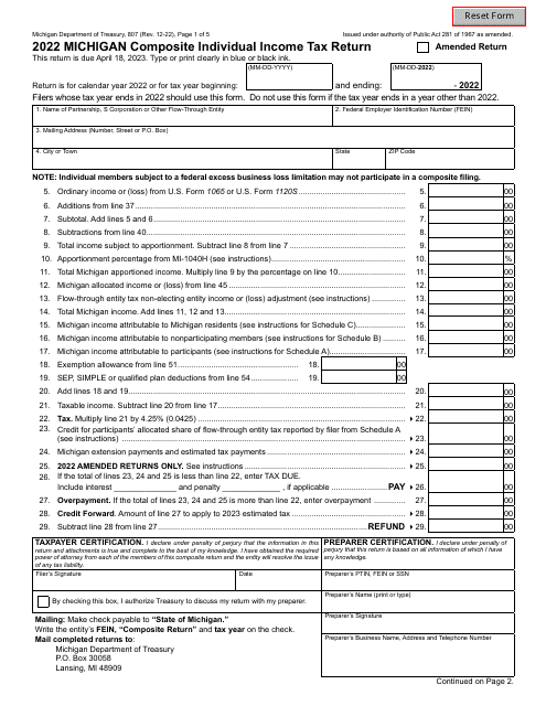 Form 807 Michigan Composite Individual Income Tax Return - Michigan, 2022