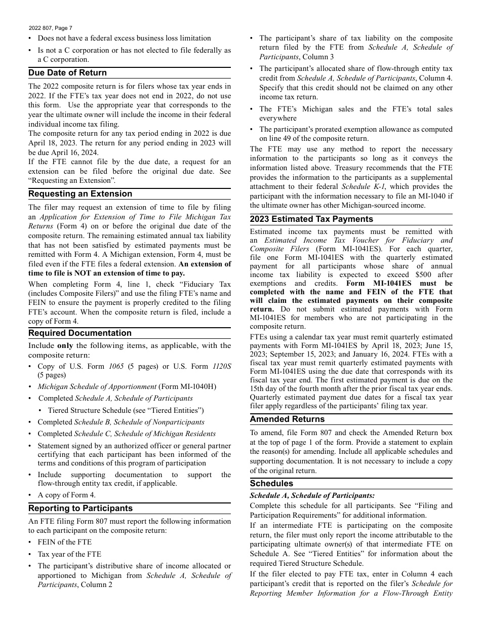 Form 807 Download Fillable PDF or Fill Online Michigan Composite