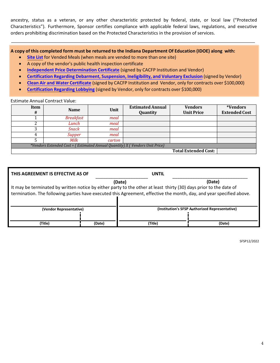 Sfsp Vendor Agreement to Provide Meals / Snacks - Indiana, Page 4