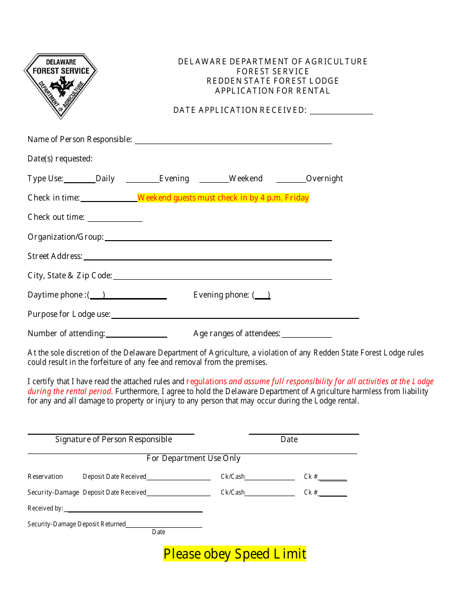 Redden Lodge Rental Application - Delaware, Page 1