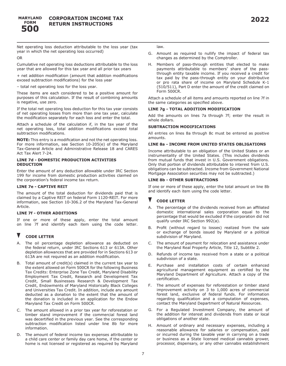 Instructions for Maryland Form 500, COM / RAD-001 Corporation Income Tax Return - Maryland, Page 10