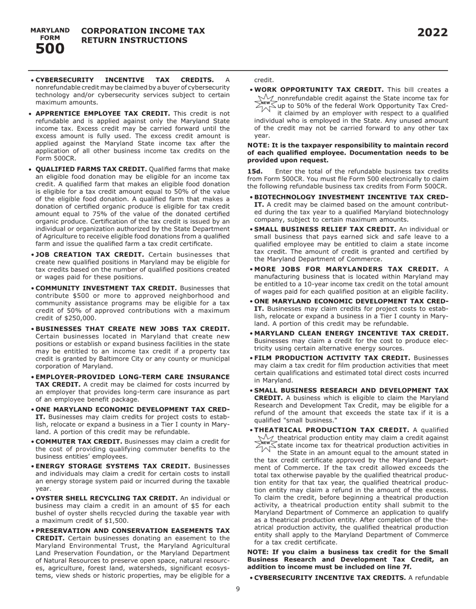 Instructions for Maryland Form 500, COM / RAD-001 Corporation Income Tax Return - Maryland, Page 12