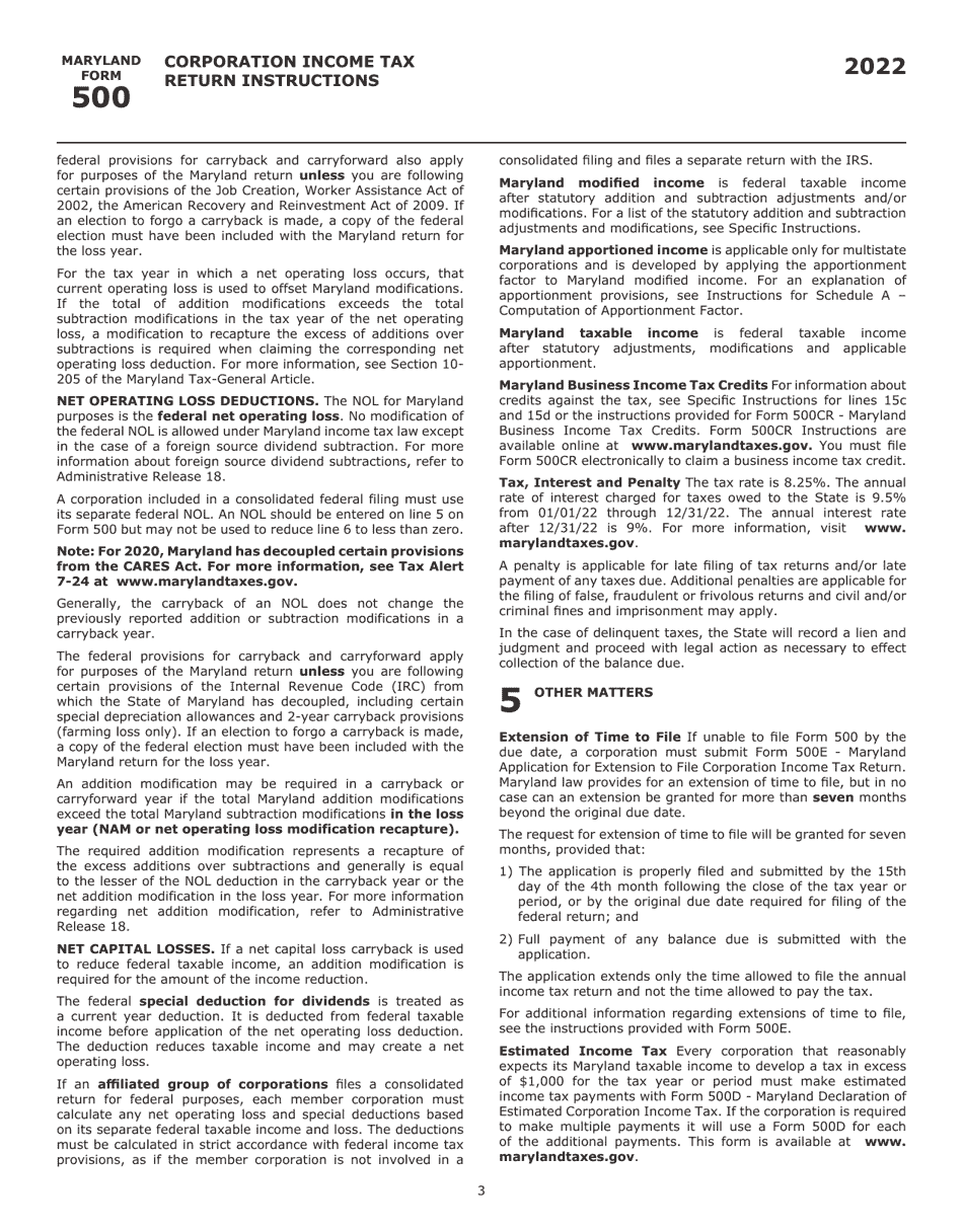 Instructions for Maryland Form 500, COM / RAD-001 Corporation Income Tax Return - Maryland, Page 6