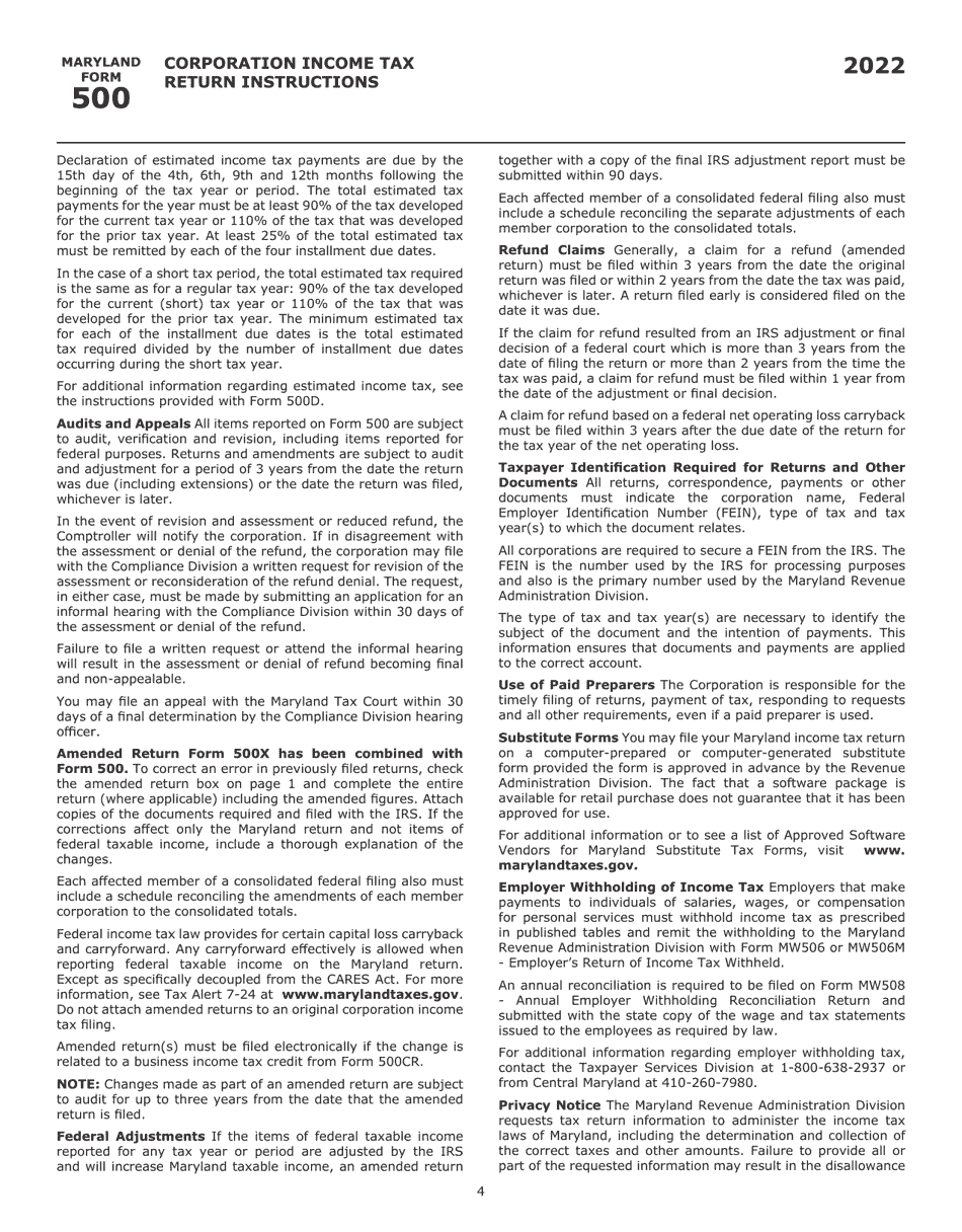 Instructions for Maryland Form 500, COM / RAD-001 Corporation Income Tax Return - Maryland, Page 7