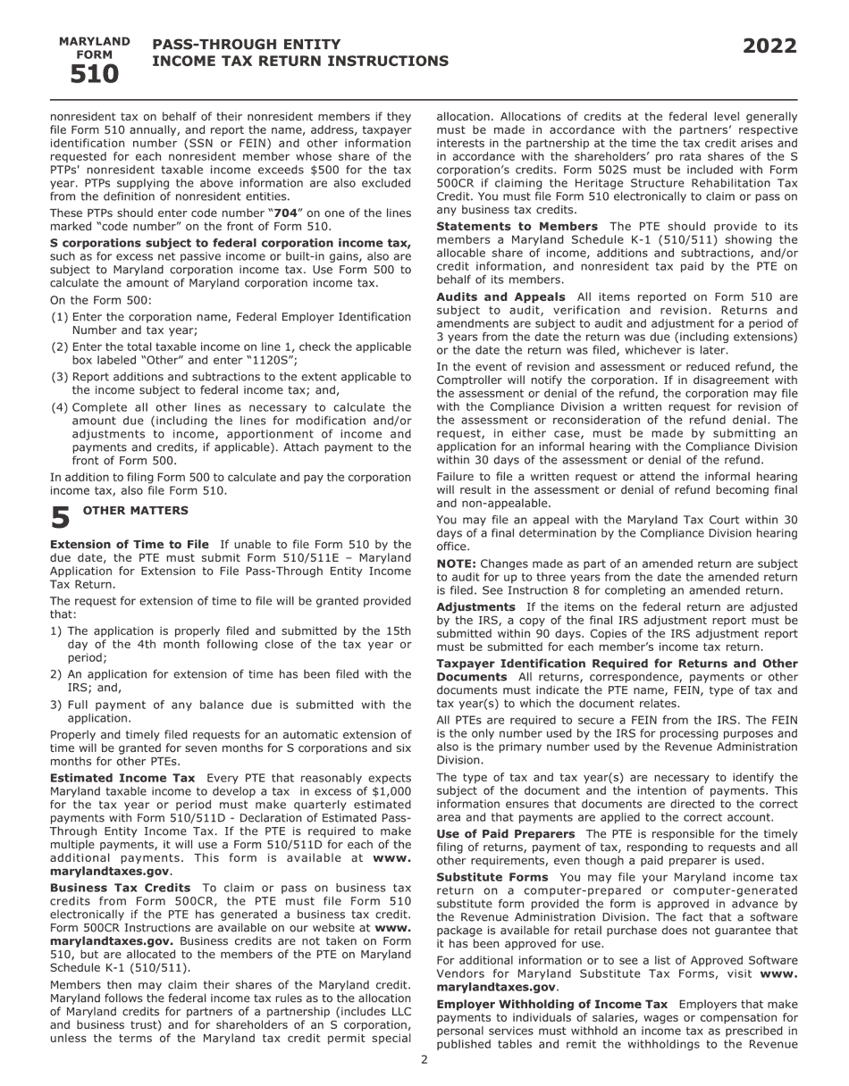 Instructions for Maryland Form 510, COM / RAD-069 Pass-Through Entity Income Tax Return - Maryland, Page 4