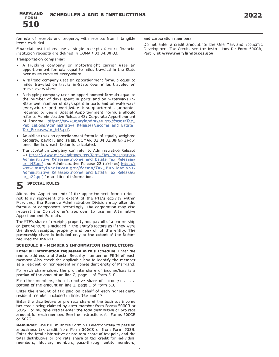 Instructions for Maryland Form 510, COM / RAD-069 Pass-Through Entity Income Tax Return - Maryland, Page 9