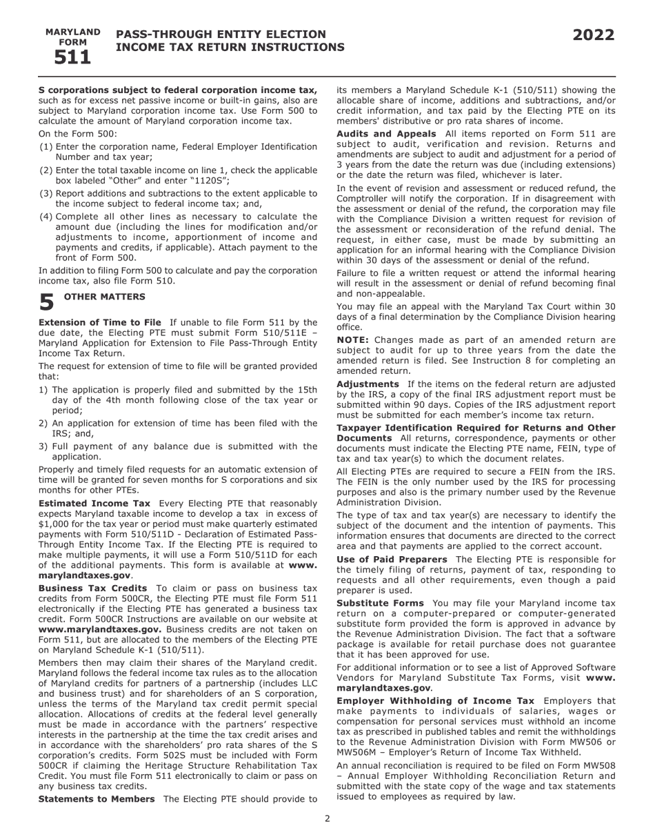 Instructions for Maryland Form 511, COM / RAD-069 Pass-Through Entity Election Income Tax Return - Maryland, Page 4