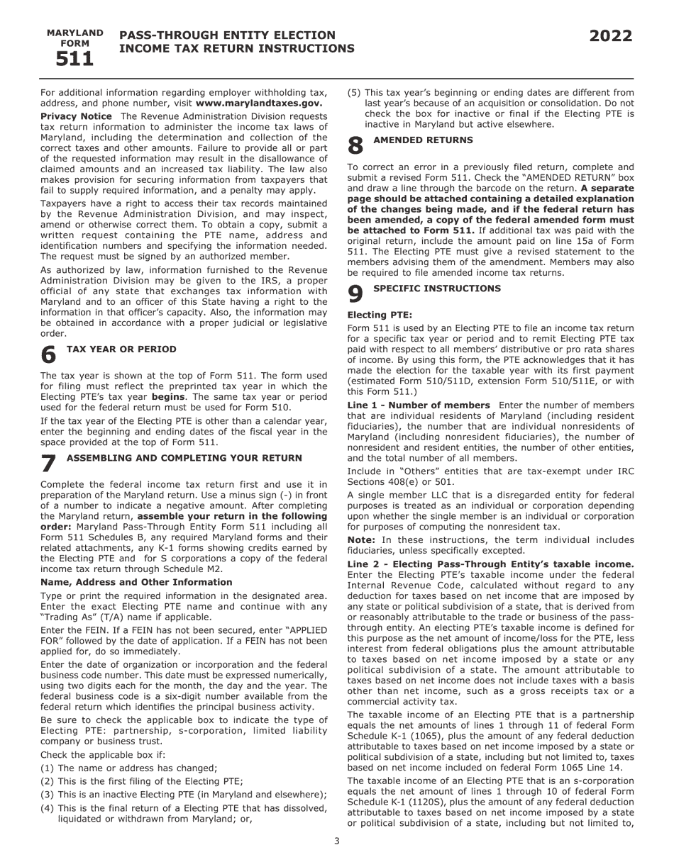 Instructions for Maryland Form 511, COM / RAD-069 Pass-Through Entity Election Income Tax Return - Maryland, Page 5