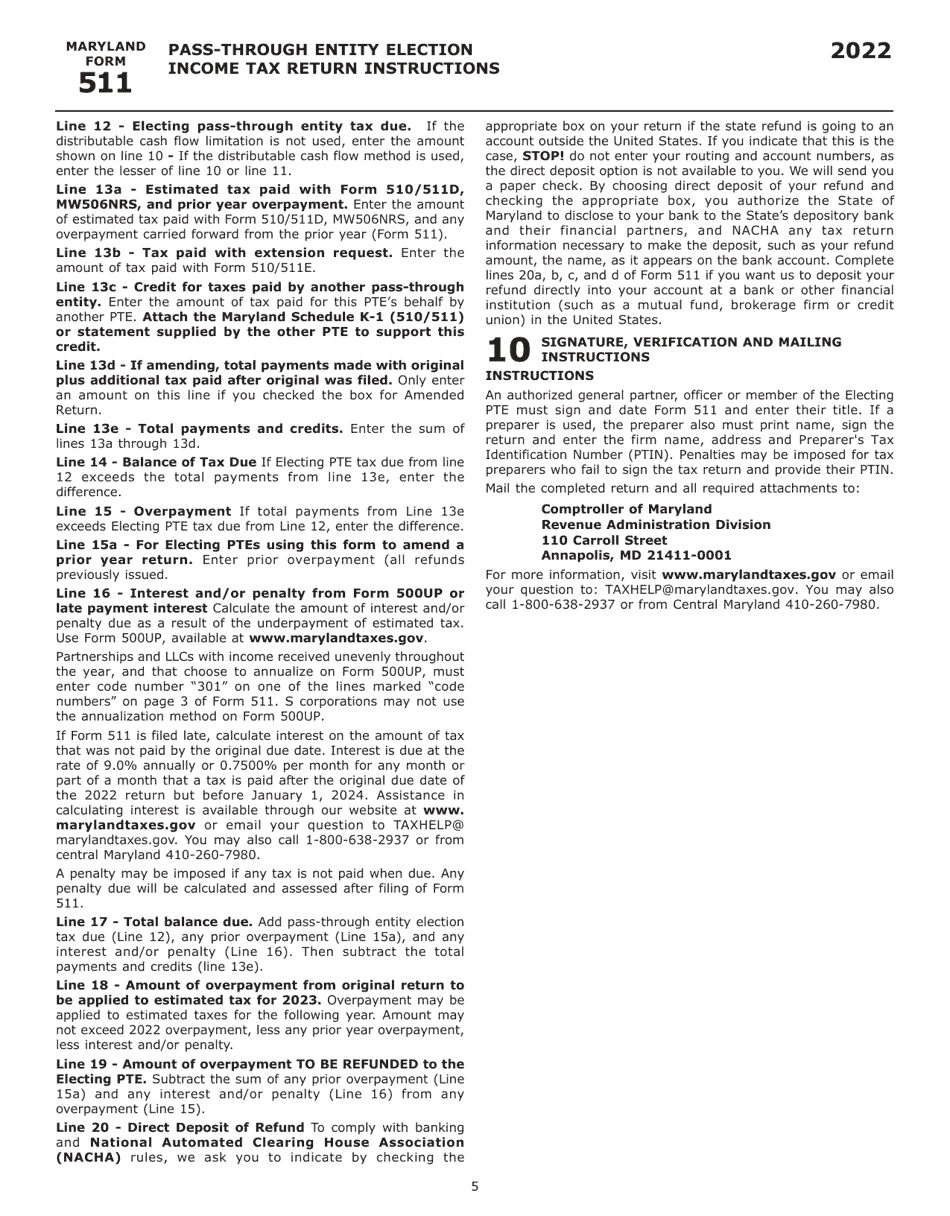 Instructions for Maryland Form 511, COM / RAD-069 Pass-Through Entity Election Income Tax Return - Maryland, Page 7