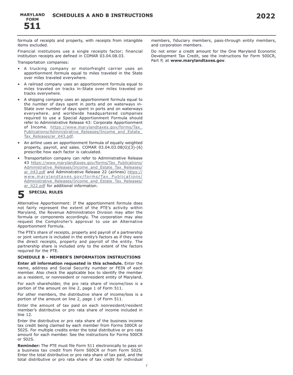Instructions for Maryland Form 511, COM / RAD-069 Pass-Through Entity Election Income Tax Return - Maryland, Page 9
