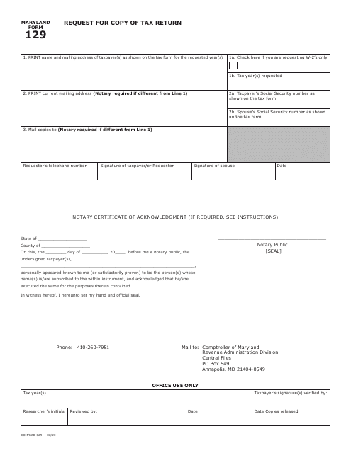 Maryland Form 129 (COM/RAD-029) Request for Copy of Tax Return - Maryland