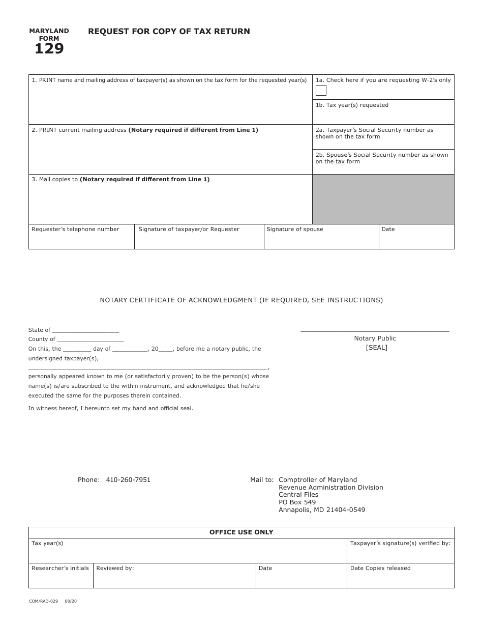 Maryland Form 129 (COM / RAD-029) Request for Copy of Tax Return - Maryland, Page 1