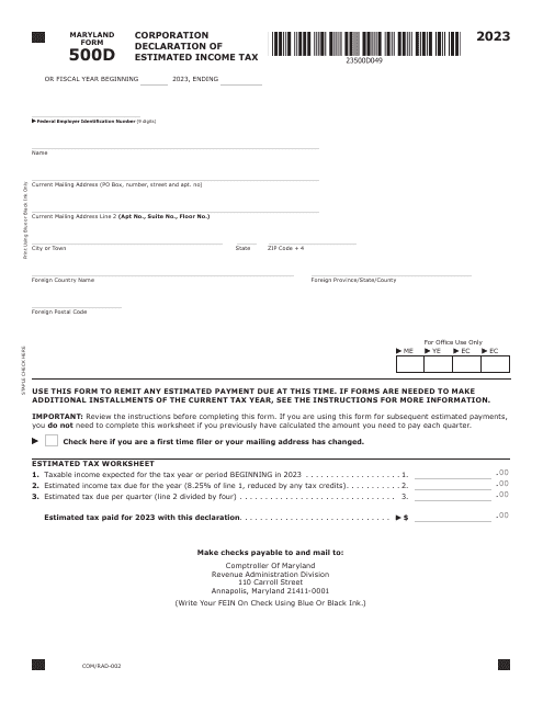 Maryland Form 500D (COM/RAD-002) Corporation Declaration of Estimated Income Tax - Maryland, 2023