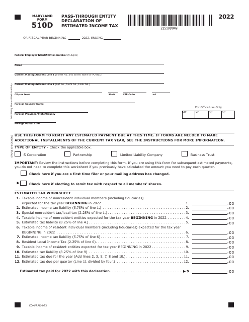 Maryland Form 510D (COM/RAD-073) Pass-Through Entity Declaration of Estimated Income Tax - Maryland, 2022