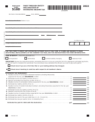 Maryland Form 510D (COM/RAD-073) Pass-Through Entity Declaration of Estimated Income Tax - Maryland