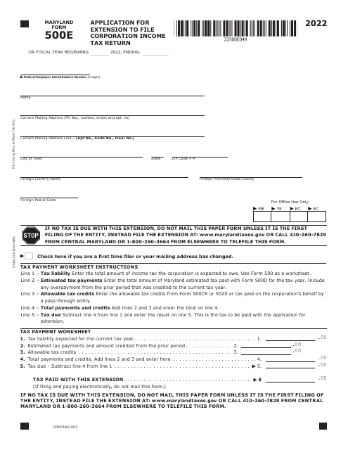 Maryland Form 500E (COM/RAD-003) 2022 Printable Pdf