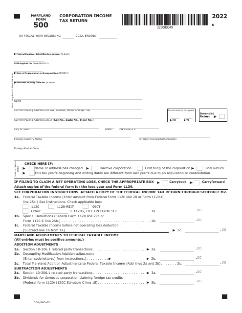 Maryland Form 500 (COM/RAD-001) 2022 Printable Pdf