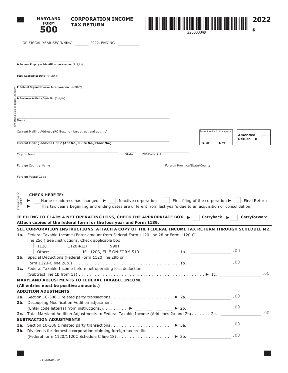 Maryland Form 500 (COM / RAD-001) Corporation Income Tax Return - Maryland, Page 1