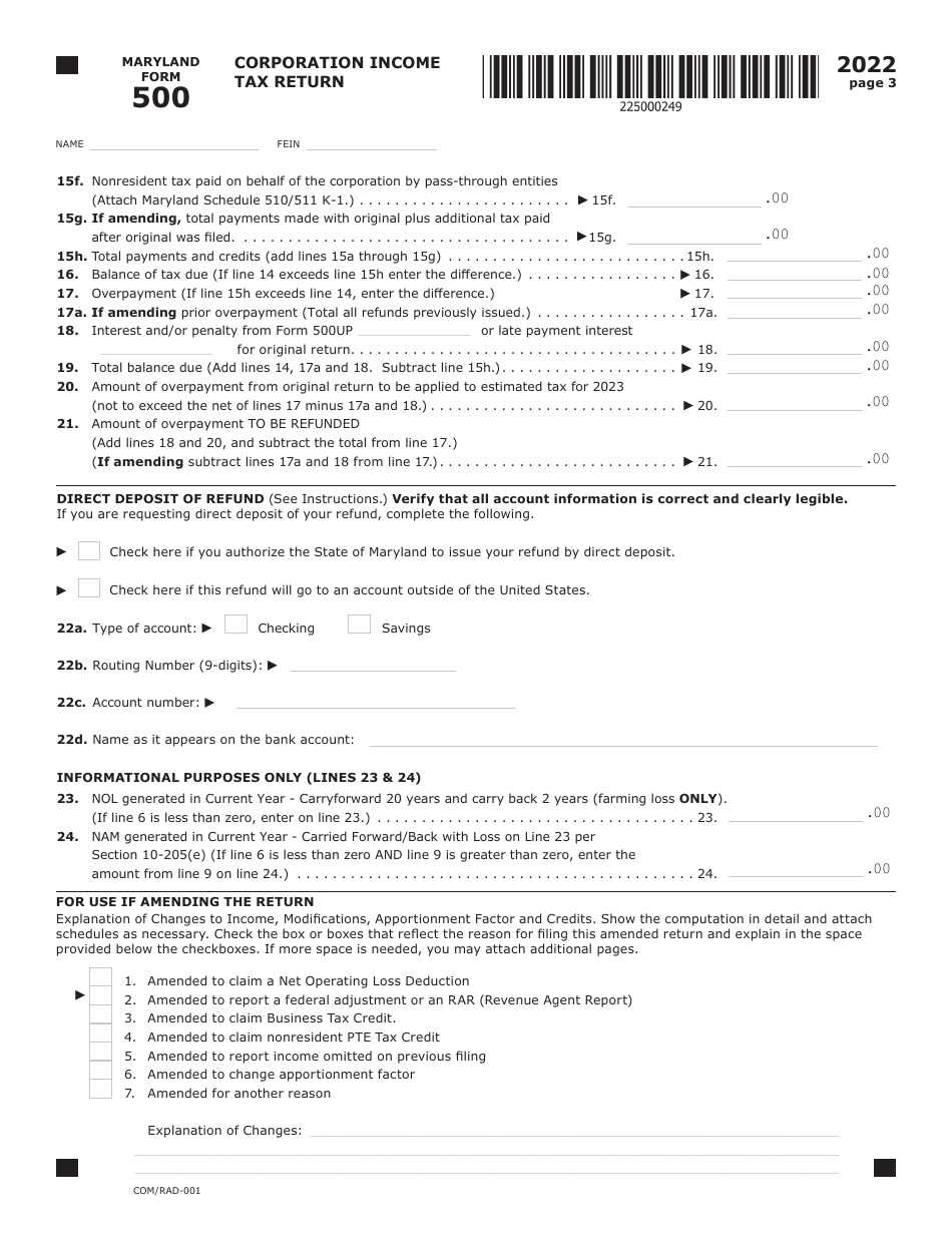 Maryland Form 500 (COM / RAD-001) Corporation Income Tax Return - Maryland, Page 3