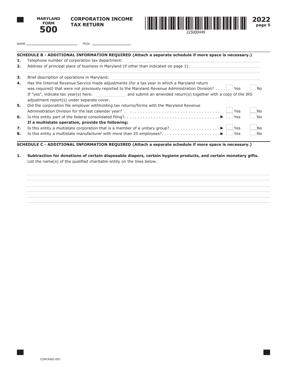 Maryland Form 500 (COM / RAD-001) Corporation Income Tax Return - Maryland, Page 5