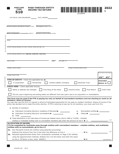 Maryland Form 510 (COM/RAD-069) 2022 Printable Pdf