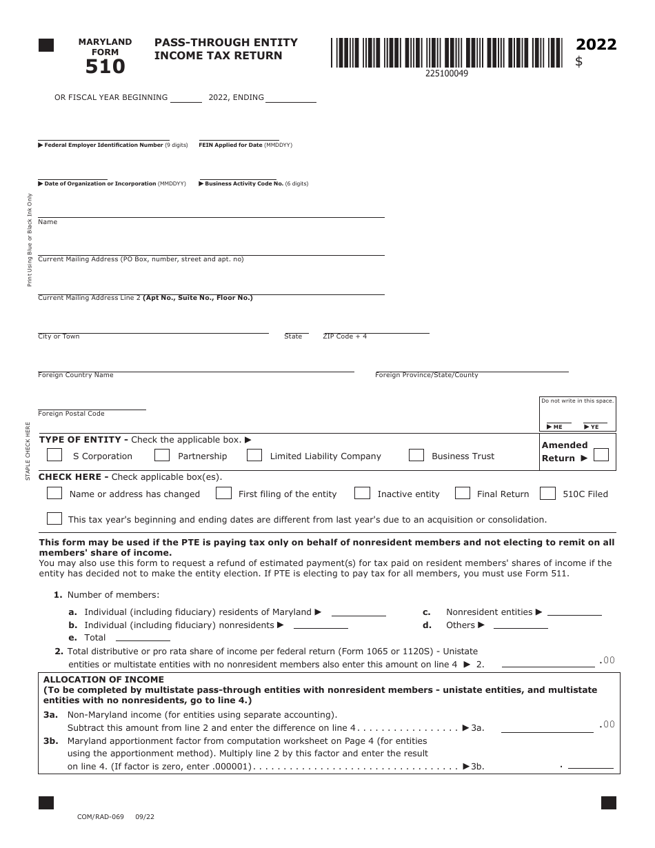 Maryland Form 510 (COM / RAD-069) Pass-Through Entity Income Tax Return - Maryland, Page 1