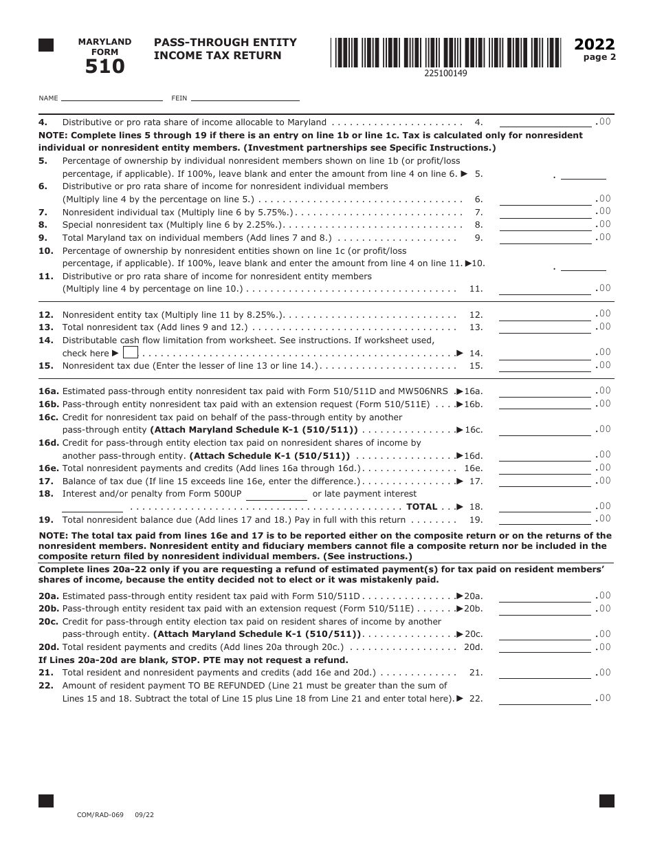 Maryland Form 510 (COM / RAD-069) Pass-Through Entity Income Tax Return - Maryland, Page 2