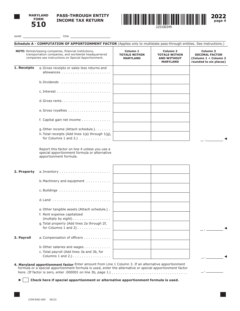 Maryland Form 510 (COM / RAD-069) Pass-Through Entity Income Tax Return - Maryland, Page 4