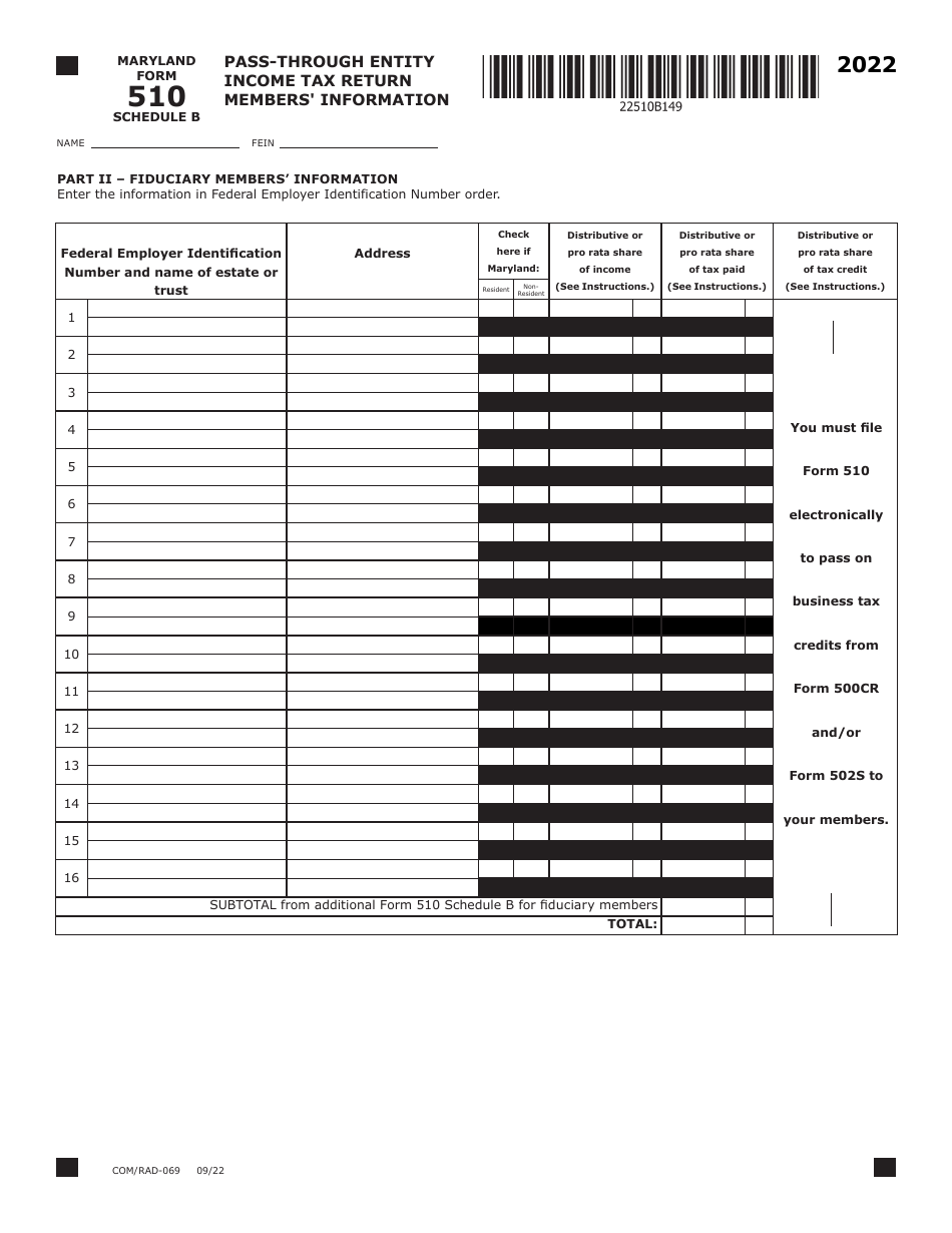 Maryland Form 510 (COM / RAD-069) Pass-Through Entity Income Tax Return - Maryland, Page 6
