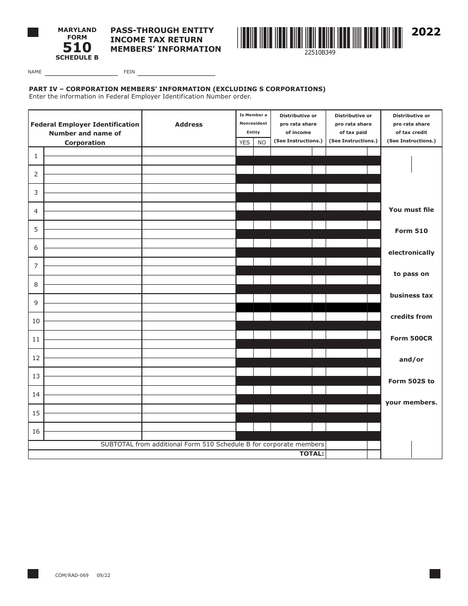 Maryland Form 510 (COM / RAD-069) Pass-Through Entity Income Tax Return - Maryland, Page 8