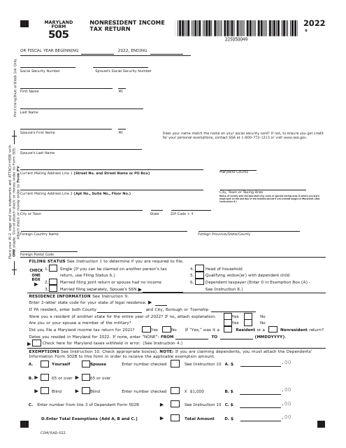 Maryland Form 505 (COM/RAD-022) 2022 Printable Pdf