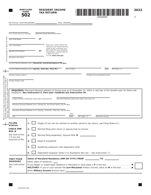 Maryland Form 502 (COM/RAD-009) 2022 Printable Pdf