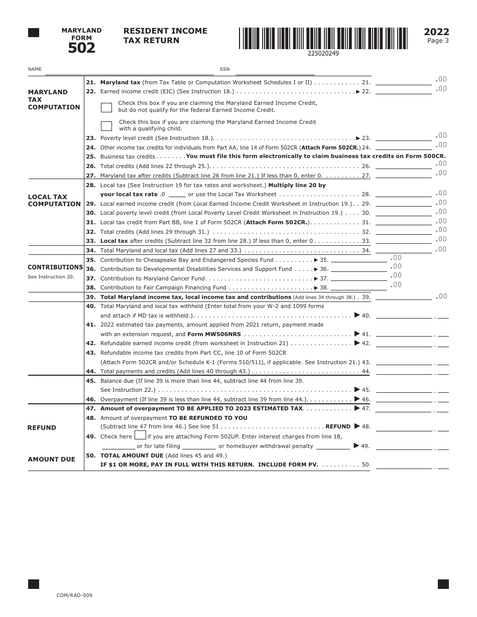 Maryland Form 502 (COM / RAD-009) Resident Income Tax Return - Maryland, Page 3