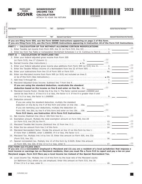 Maryland Form 505NR (COM/RAD-318) 2022 Printable Pdf