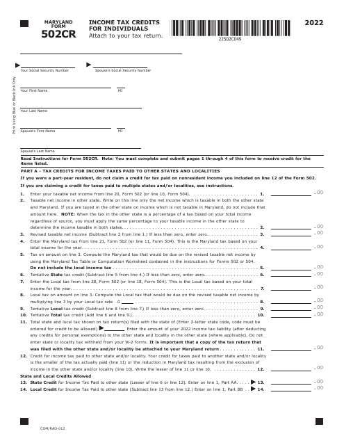 Maryland Form 502CR (COM/RAD-012) 2022 Printable Pdf