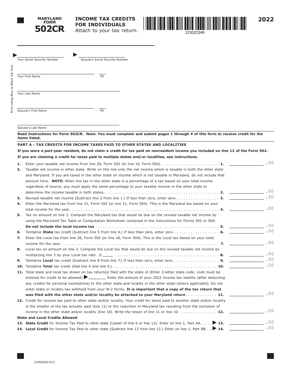 Maryland Form 502CR (COM / RAD-012) Income Tax Credits for Individuals - Maryland, Page 1