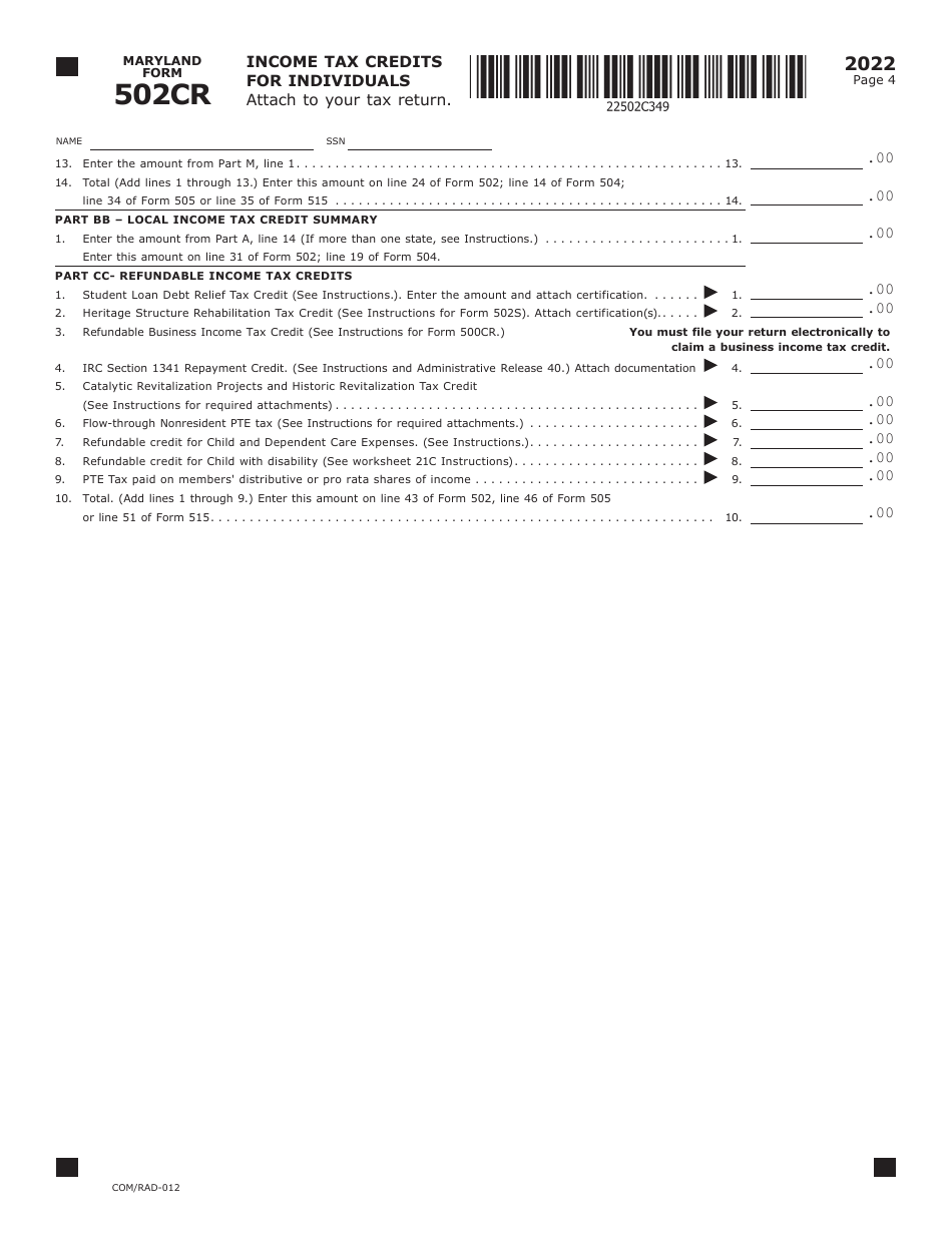 Maryland Form 502CR (COM / RAD-012) Income Tax Credits for Individuals - Maryland, Page 4