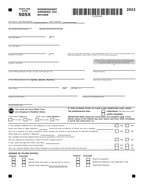 Maryland Form 505X Nonresident Amended Tax Return - Maryland, 2022
