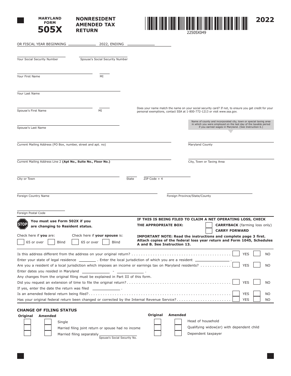 Maryland Form 505X Nonresident Amended Tax Return - Maryland, Page 1
