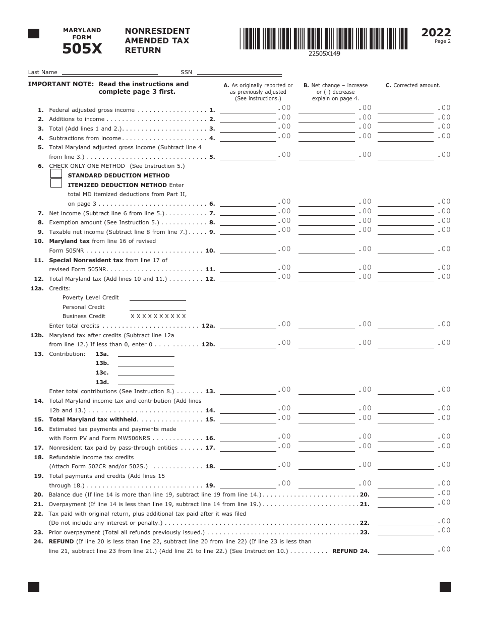Maryland Form 505X Nonresident Amended Tax Return - Maryland, Page 2