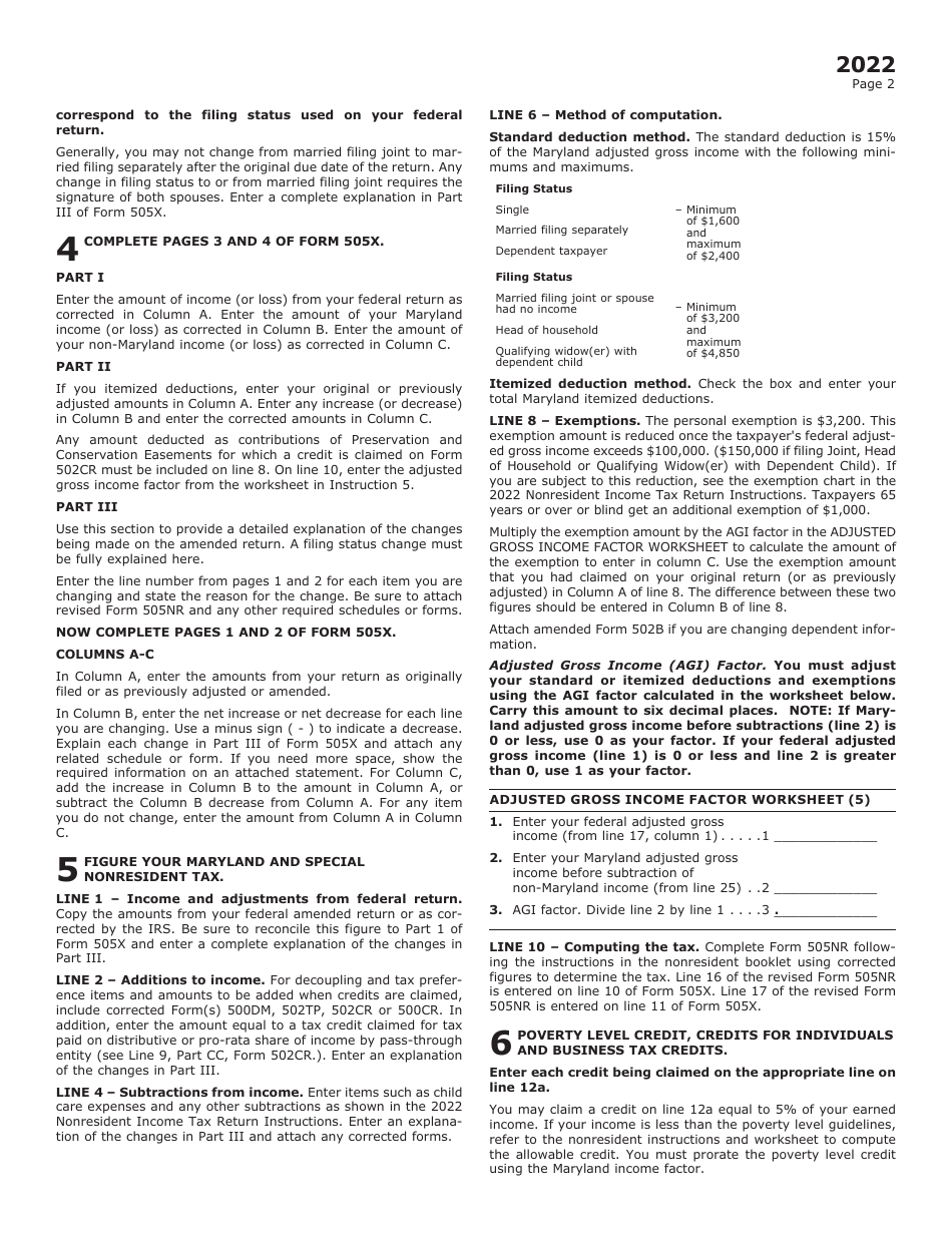 Maryland Form 505X Nonresident Amended Tax Return - Maryland, Page 6