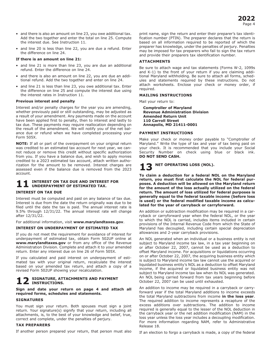 Maryland Form 505X Nonresident Amended Tax Return - Maryland, Page 8