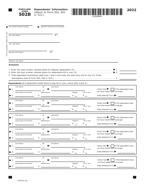 Maryland Form 502B (COM/RAD-026) 2022 Printable Pdf