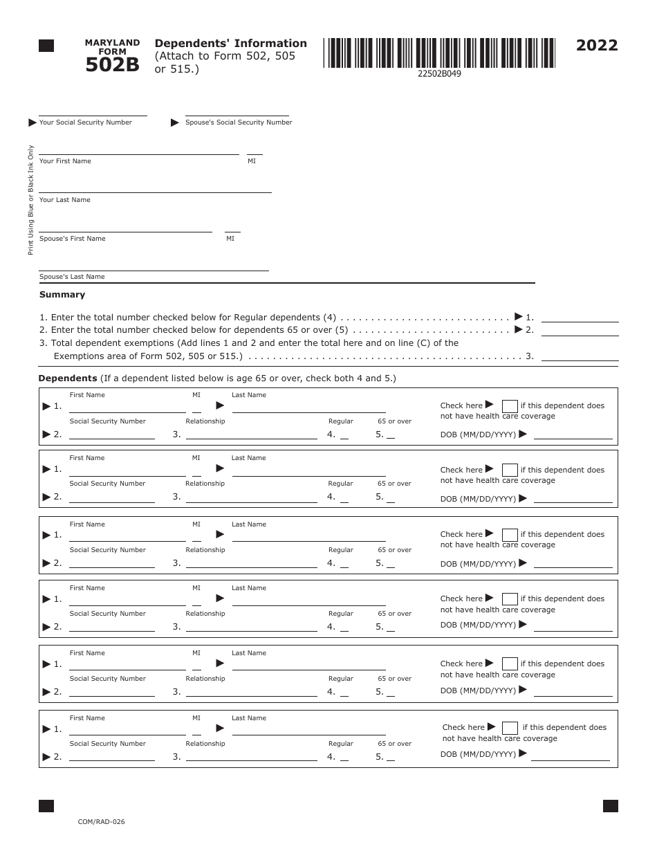 Maryland Form 502B (COM / RAD-026) Dependents Information - Maryland, Page 1