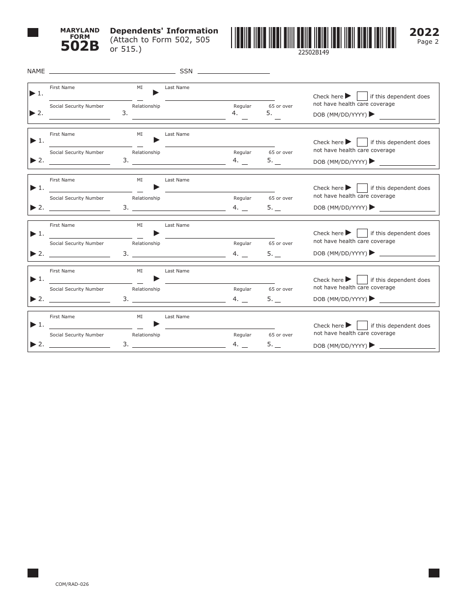 Maryland Form 502B (COM / RAD-026) Dependents Information - Maryland, Page 2