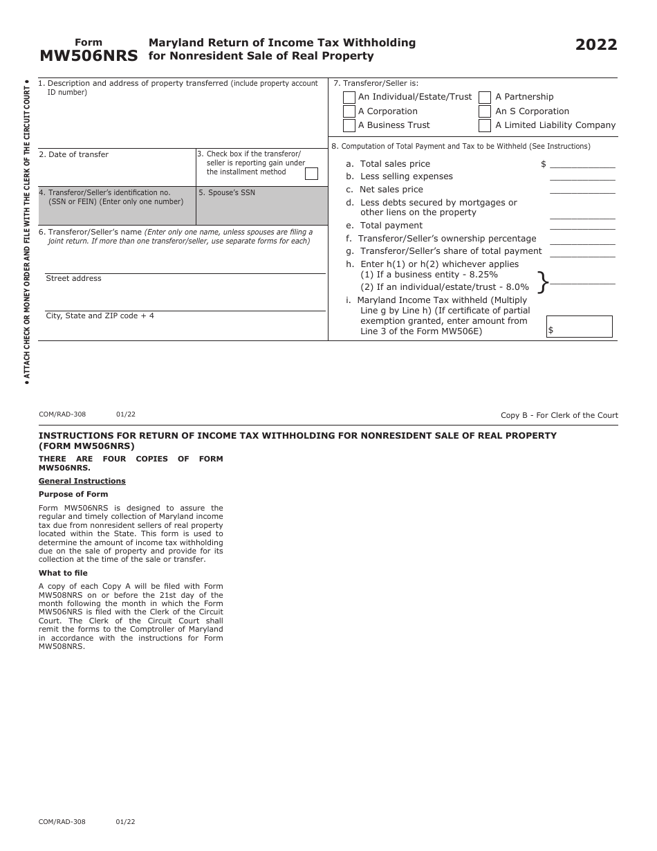 Maryland Form MW506NRS (COM / RAD-308) Maryland Return of Income Tax Withholding for Nonresident Sale of Real Property - Maryland, Page 2