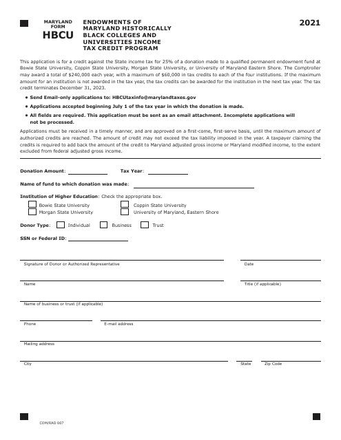 Maryland Form HBCU (COM/RAD007) 2021 Printable Pdf