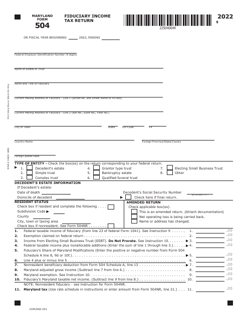Maryland Form 504 (COM/RAD-021) 2022 Printable Pdf